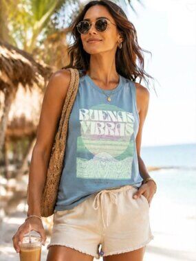 NWT Spiritual Gangster Buenas Vibras Blue Cotton Modal Tank